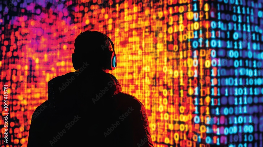 Poster a silhouette of an individual wearing headphones gazes at a vibrant wall of binary code illuminated 