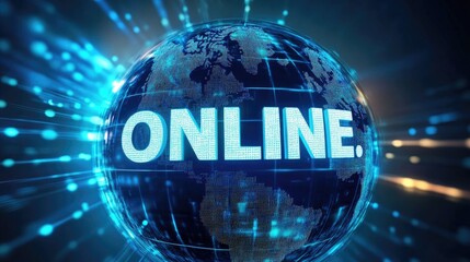 Abstract digital globe showcasing a global network intertwined with blue data streams, prominently displaying the term ONLINE in bold, illuminated letters on its surface.