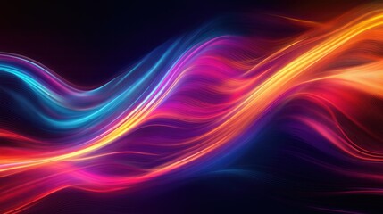 Obraz premium Colorful abstract background showcasing vibrant, flowing wavy lines in hues of blue, pink, orange, and purple against a dark backdrop, creating a dynamic and energetic visual effect.