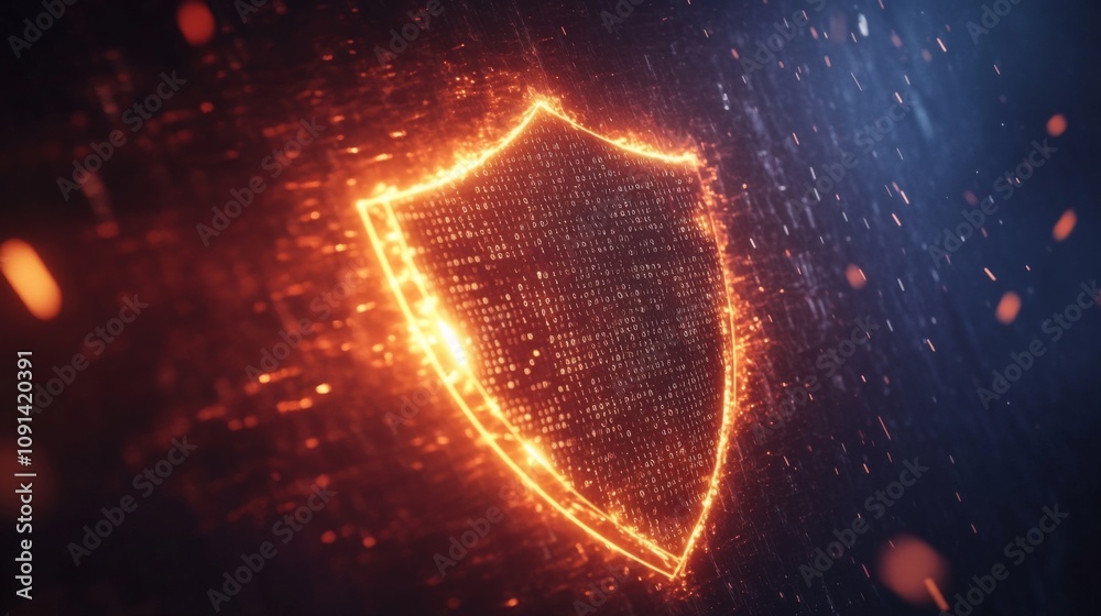Aufkleber A digital shield is illuminated with orange light, surrounded by a dark background with light blue particles scattered throughout.
