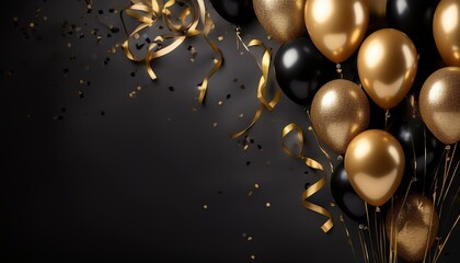 black and gold balloons with golden ribbons and confetti on dark background