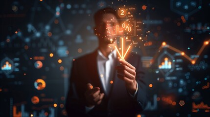 Businessman holding up a glowing arrow icon and percentage sign, with dynamic graph indicators in the background