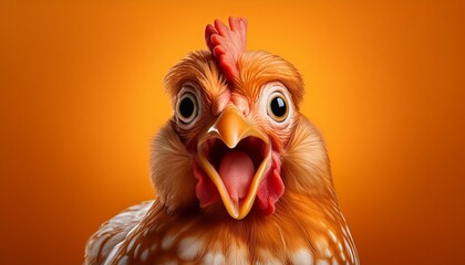 cartoonish chicken orange background surprised expression funny and quirky