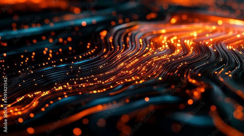 Poster abstract digital artwork depicts a flowing, textured surface. the surface is dark, predominantly blu