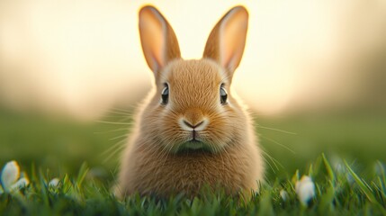 Fototapeta premium Happy Rescued Bunny Frolicking in Sunlit Yard, Close-up Shot of Playful Rabbit Amid Grass and Flowers