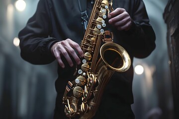 Musician playing saxophone in a dimly lit location at night