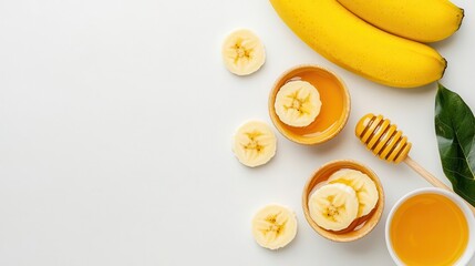 Top view of face masks with banana slices and honeycomb patterns, natural and nourishing