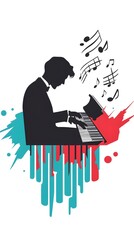 Logo with silhouette head and piano keys, musical notes around the logo, music symbols, in black vector outline