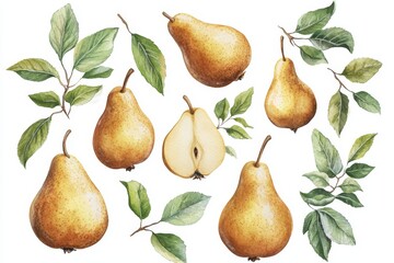 Obraz premium Watercolor Pears: A Set of Hand-Painted Illustrations - Delightful watercolor pears, hand-painted, perfect for autumn themes, healthy eating, and fresh produce designs. Symbolizing abundance, health,