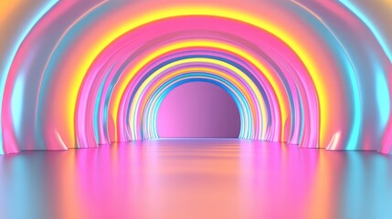 Fototapeta premium Colorful 3D tunnel illuminated with vibrant pink, blue, and yellow neon lights, featuring an abstract geometric backdrop and smooth reflective floor.