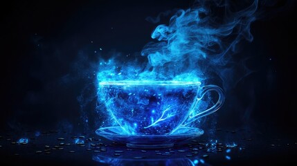 Fototapeta premium Artistic blue-toned coffee cup surrounded by swirling steam, showcased in an abstract design that emphasizes vibrant colors and ethereal forms against a dark background.