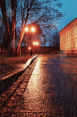 Obraz premium Autumn night rainy landscape, deserted autumn park alley under falling rain, picturesque autumn night city view
