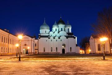 Saint Sophia Orthodox Cathedral in Veliky Novgorod Russia, beautiful winter night view