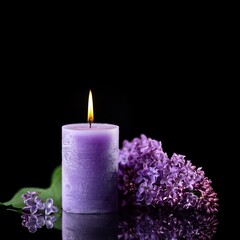 burning candle and lilac flower isolated on black background with copy space sympathy card
