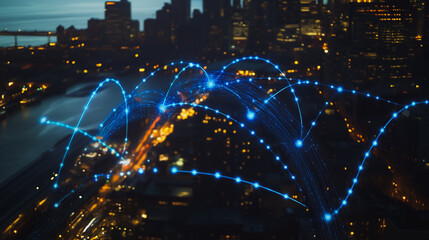 Obraz premium Smart digital Innovation Business skyscrapers in the Financial District with connection network reciprocity over the cityscape. of future smart wireless digital city and social media networking
