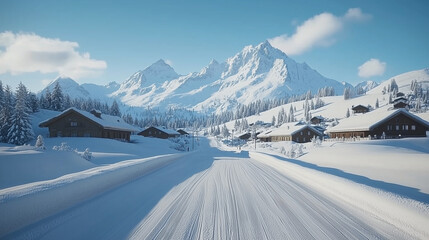 Beautiful winter landscape background banner of snowy mountains and an open road outdoors with space for text