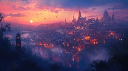 Naklejka premium Tranquil cityscape at dawn or dusk featuring a stunning sky illuminated with vibrant blue, purple, amber, red, and gold hues, casting a warm glow over a serene urban landscape.