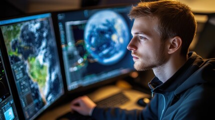 Remote Sensing Analyst Monitoring Climate Data with Virtual Displays