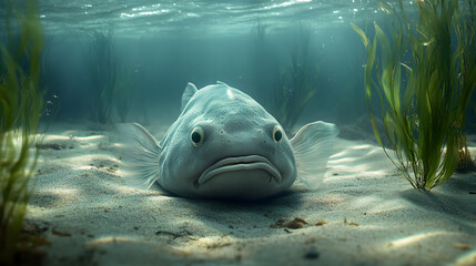 A Tranquil Scene of a Blobfish Resting on a Sandy Ocean Bed Surrounded by Gentle Currents and Soft Light in Its Natural Habitat