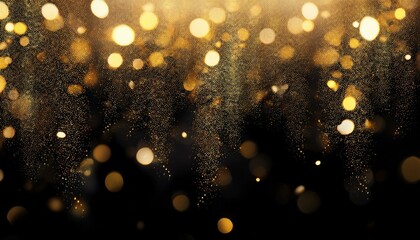 shiny golden glitter falling down on black background bokeh effect