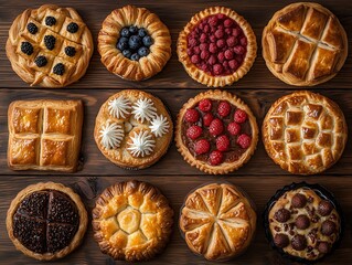 Fototapeta premium Baking delights assorted pastries showcase artisan kitchen food photography rustic setting aesthetic presentation