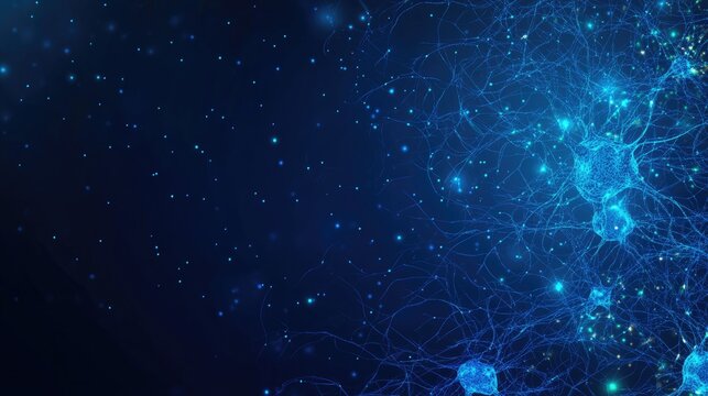 Vibrant blue abstract background featuring intricate nerve cells, brain neurons, and synapses, perfect for medical and biological themes, highlighting the complexity of neural networks.