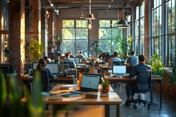 Modern office environment with employees focused on work tasks