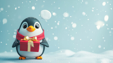 Fototapeta premium A small cartoon penguin wearing a red scarf holds a present tied with a gold ribbon. The light blue background features subtle snowflakes and a large bubble space for text next to the penguin.