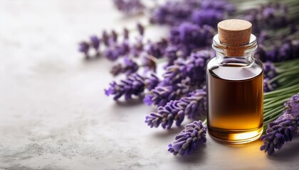 bottle of essential oil and lavender flowers on light stone table