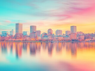 Naklejka premium A vibrant city skyline reflected in water during sunset with pastel colors.