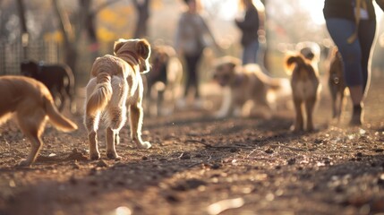 Hazy view of a bustling dog park with wagging tails and paw prints covering the ground.