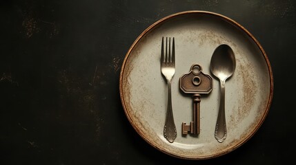 A plate with an empty savings vault, spoon and fork styled as keys