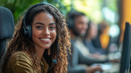 Customer service interaction modern office portrait bright environment positive vibe concept