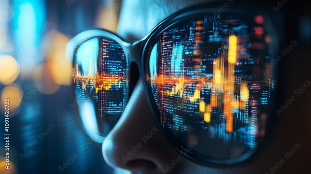 Poster a close-up of a person's face, wearing sunglasses, with a screen reflecting in the lenses. the scree