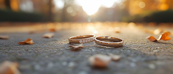 Two wedding rings on a path surrounded by autumn leaves and soft sunlight.