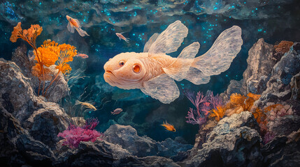 An Artistic Representation of a Blobfish and Other Deep-Sea Creatures in a Mystical Ocean Environment Full of Magical Elements