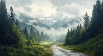 Obraz premium Imagine the background of an oil painting. There is fog in front of and behind the mountains. 