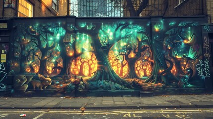 A street wall covered in graffiti of a mystical forest scene with glowing trees and animals