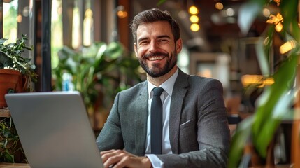 Business professional working on laptop coffee shop digital workspace urban environment focused mindset