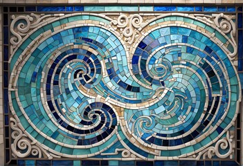 Obraz premium A stained glass mosaic featuring greek meander patterns in oceanic hues, Ai Generated