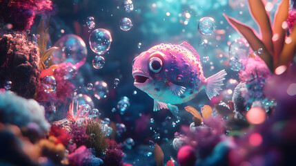 A Fun and Playful Scene Featuring a Blobfish Surrounded by Bubbles and Happy Sea Creatures in a Colorful Underwater World
