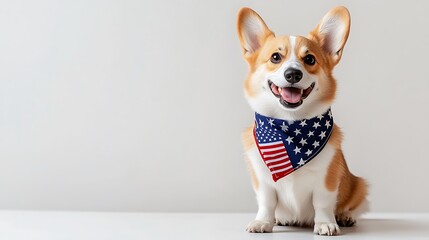 Adorable corgi dog wearing a patriotic scarf with stars and stripes, showcasing a cheerful expression, set against a simple light background for a classic stock photo appeal.