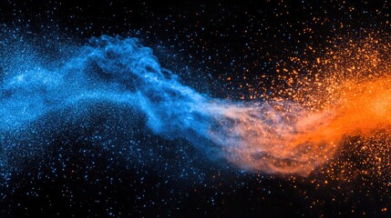 Dynamic blue and orange dispersion effect with swirling particles on a dark background, symbolizing creativity, change, and the flow of knowledge.