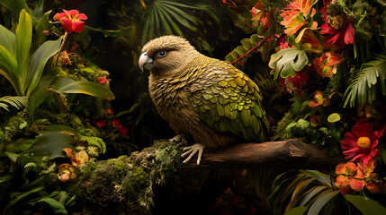 A Graceful Kakapo Perched Among Colorful Tropical Flora, Symbolizing Conservation and Wildlife Preservation