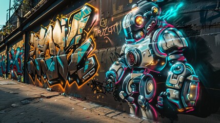 A street wall covered in graffiti of a robotic figure, blending metallic tones with neon highlights