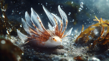 A Near-Microscopic View of a Rare Nudibranch on Seaweed, Capturing the Delicate Beauty and Colors of Marine Life