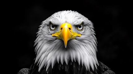 Fototapeta premium Majestic Bald Eagle Perched on Mossy Branch with Intense Gaze in Forest Close-Up