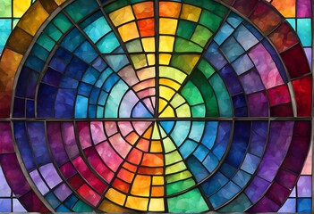 Fototapeta premium A stained glass mosaic of overlapping circles and squares in a rainbow gradient, Ai Generated