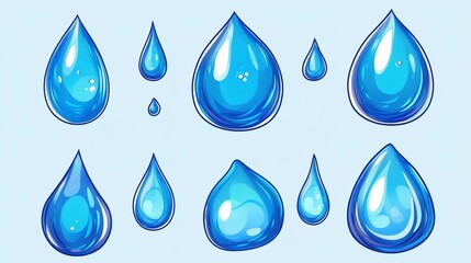 a set of blue water drops on a white background