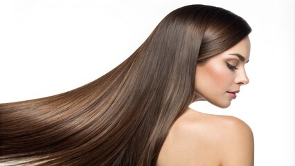 Naklejka premium Close-up of a woman with long, smooth, and shiny brown hair. The flawless texture and healthy glow emphasize hair care and beauty, set against a simple white background.